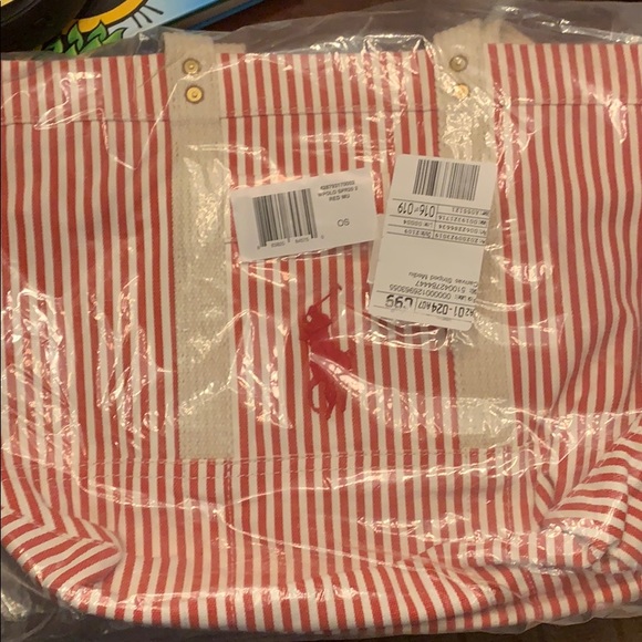 NWT POLO RALPH LAUREN Canvas Striped Med Tote Red - Picture 6 of 8